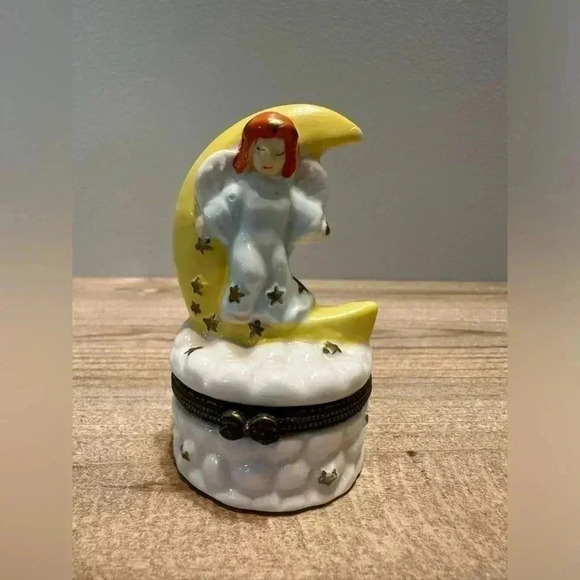 unbranded Other - Moon, Stars & Angel Vintage Porcelain Trinket Jewelry Box Star Inside Cloud 3.5”
